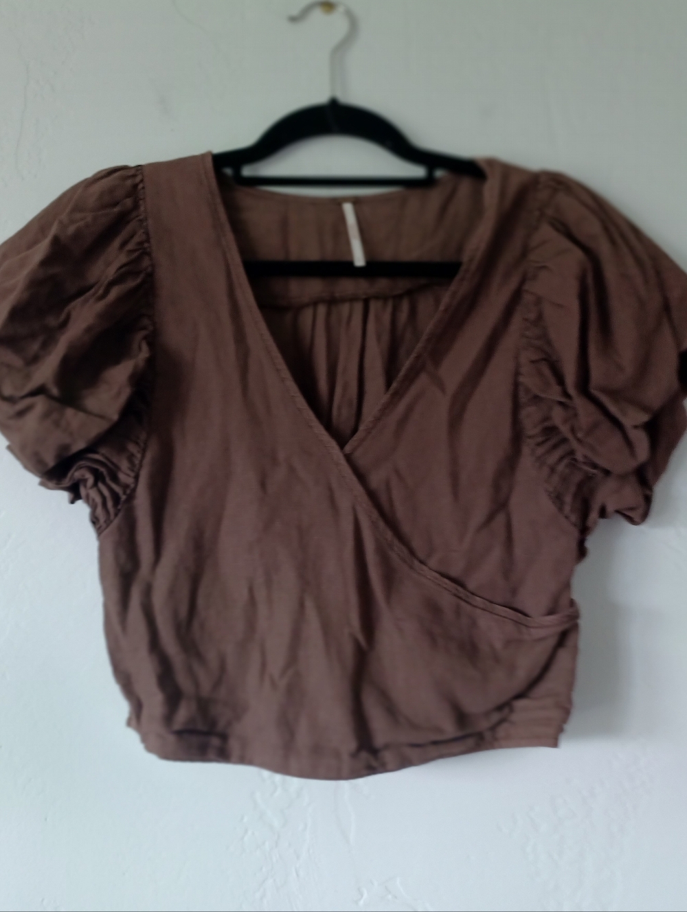 Free People Puff Sleeve Wrap Blouse in Chocolate Brown